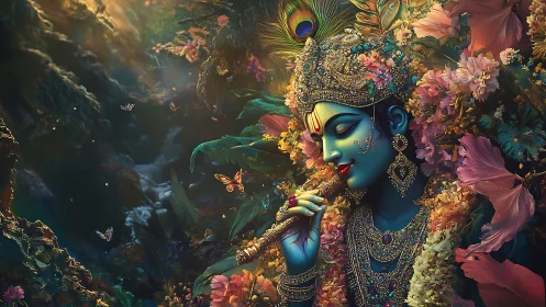 Divine blue flutist in a jeweled forest of blooming light.