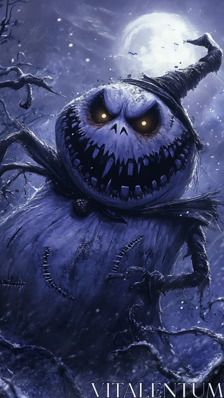 Grotesque snowman looms under moonlit blizzard in gothic palette