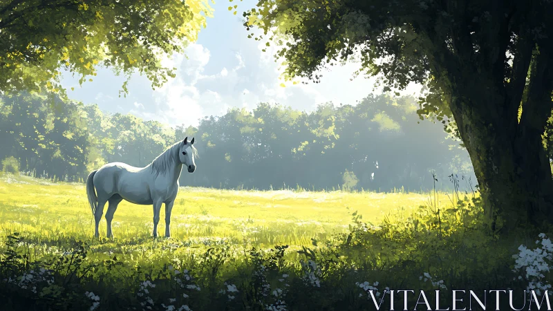 White horse standing in sunlit meadow near large tree.
