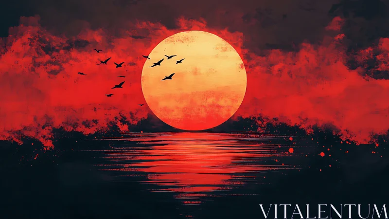 Red sun over dark sea with birds in silhouette at dusk.