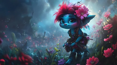 Small blue creature stands in dense luminous flower meadow