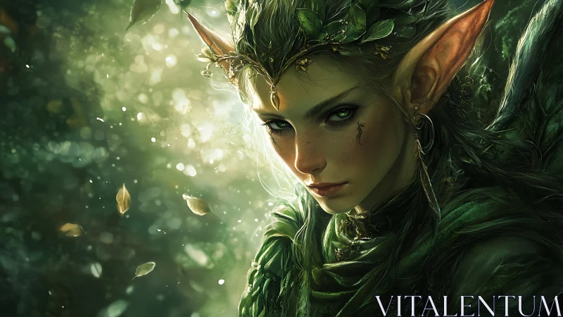 Forest guardian elf bathed in secret green woodland light.