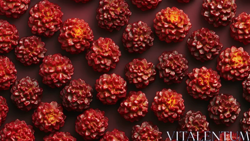 Crimson candy blossoms march in perfect glossy formation