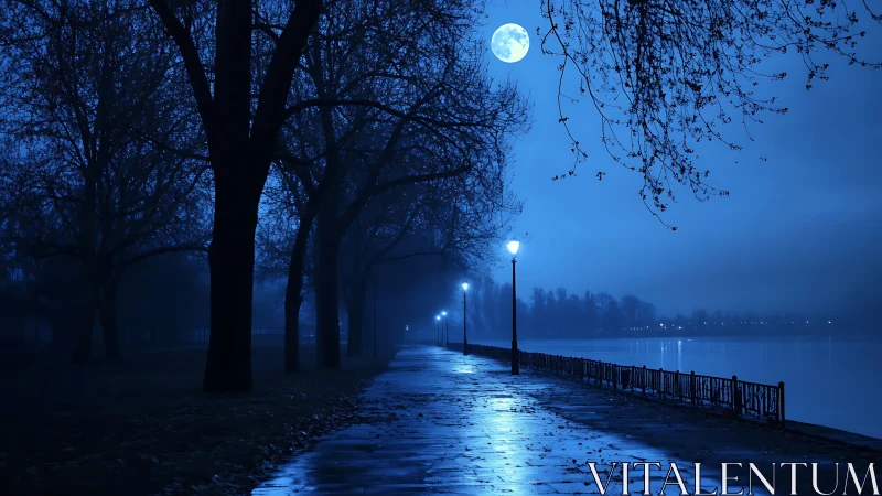Moonlit riverside promenade under whispering winter trees.