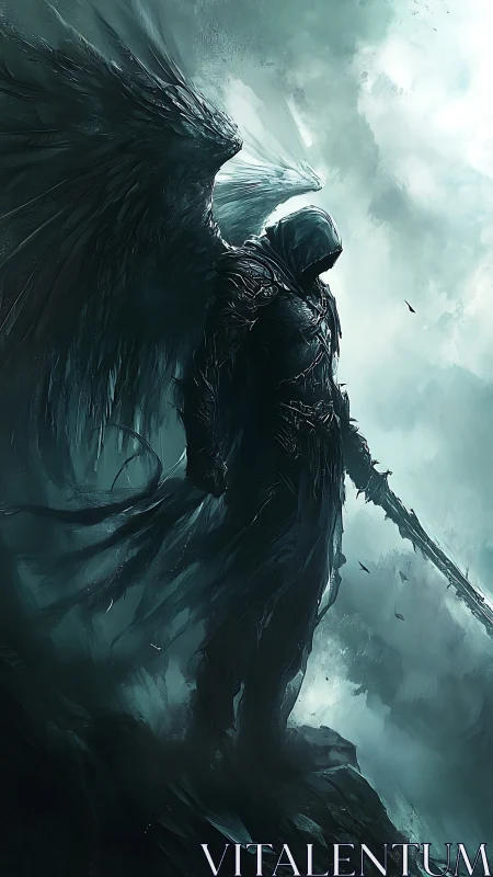 Shadowed fallen angel stands on a storm-wracked cliff edge