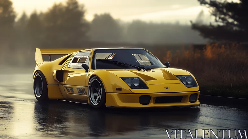 Yellow track-spec Ford GT in wet atmospheric dusk setting.