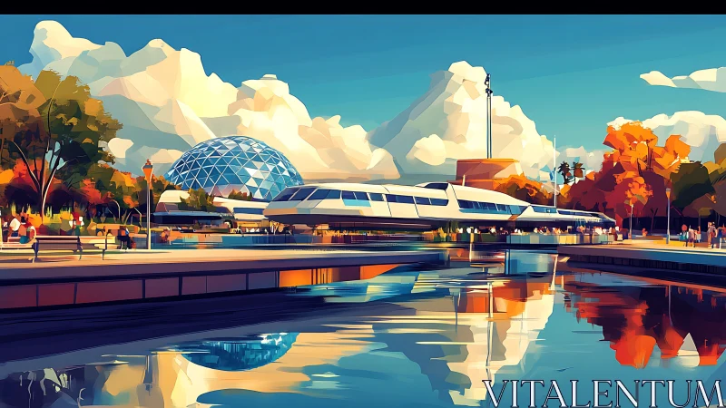 Futuristic monorail glides past geodesic dome at sunset.