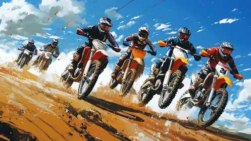 Duststorm daredevils racing dirt bikes through blazing sky.
