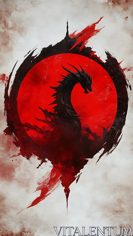 Circular crimson sigil frames a stylized black dragon silhouette