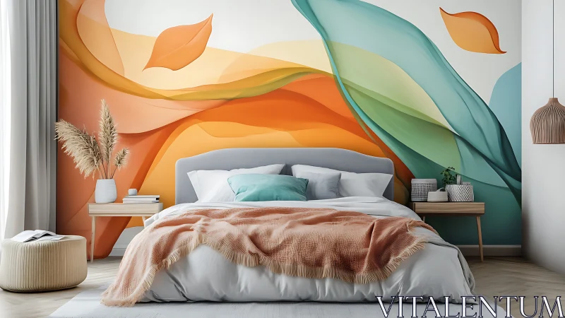 Bedroom oasis framed by flowing abstract wall mural design.
