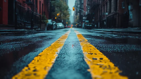 Wet urban street lines in shallow focus on rainy morning.