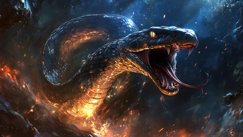 Stormlit serpent coils through fire and shadow, roaring skyward