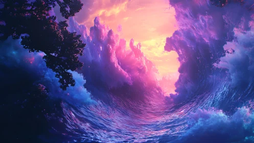 Chromatic vortex seascape with luminescent nebular waves.