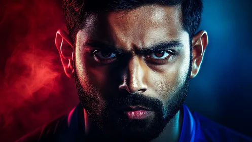 Fiery focus and cool resolve in a dramatic close-up portrait.