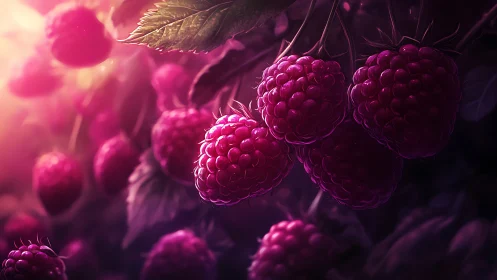Cluster of ripe raspberries on branch in soft diffuse light.