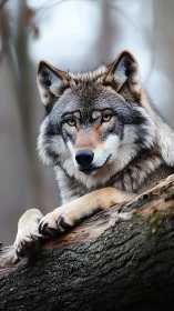 Grey wolf rests on mossy log with intense amber gaze.