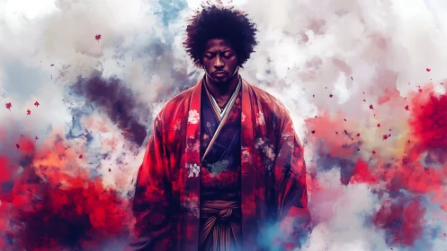 Digital painting of Afro samurai amid abstract crimson mist.