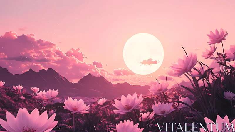 Radiant pink moon above dreamy alpine flower meadow.