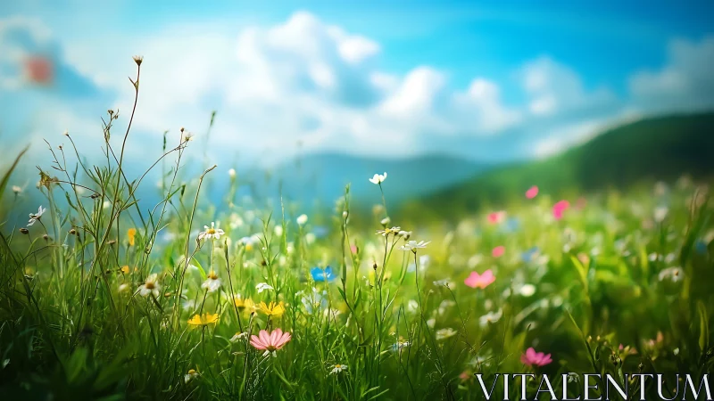 Shallow-depth wildflower meadow under softly diffused blue sky.