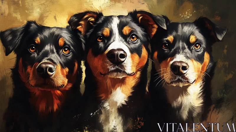 Triple canine chorus under golden painterly spotlight.