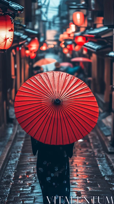 Red umbrella wandering through lantern-lit rainy alleyways.