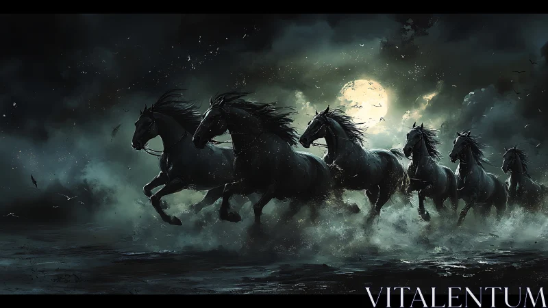 Midnight storm horses charge through moonlit fog bank.