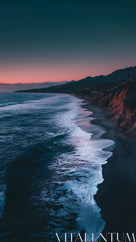 Twilight surf along dramatic coastline with neon dusk glow.