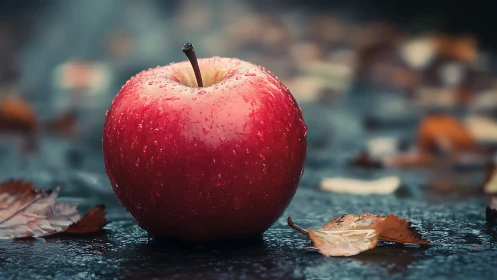 Red apple rests on wet surface with scattered dry leaves