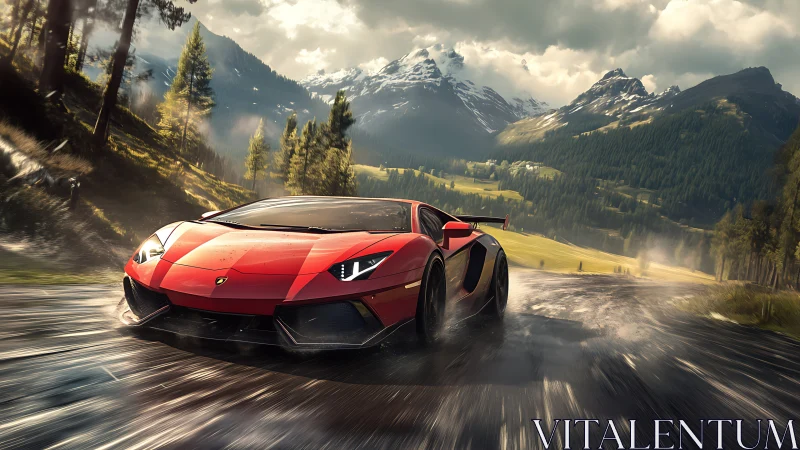 Red supercar powers through wet alpine mountain pass.