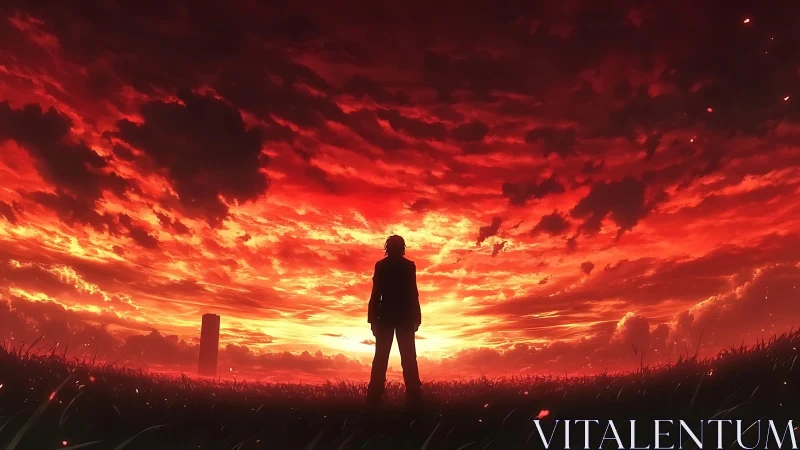Lone figure confronts a blazing red sunset sky in silence