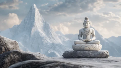 Serene Buddha sculpture crowns silent snowbound summit plateau.