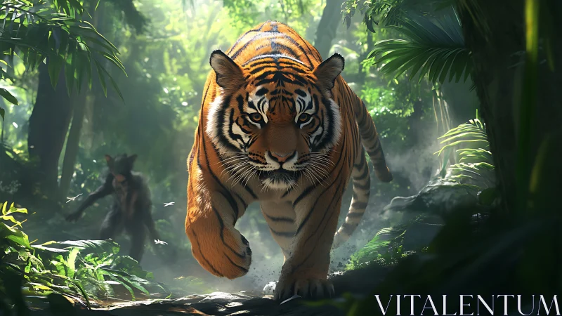 Kinetically rendered tiger charge in volumetric jungle light.
