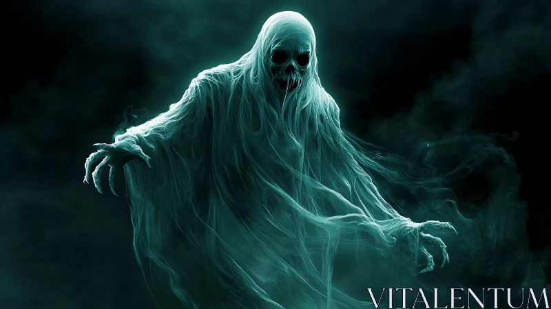 Spectral wraith emerging in eerie teal ghostly haze.