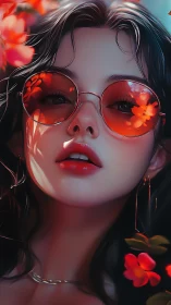 Digital portrait of woman with red sunglasses and flowers.