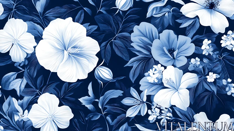 Indigo Dreams Blooming: Where White Petals Dance Against Midnight Silk