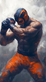 Masked fighter in orange gear holds defensive arm position