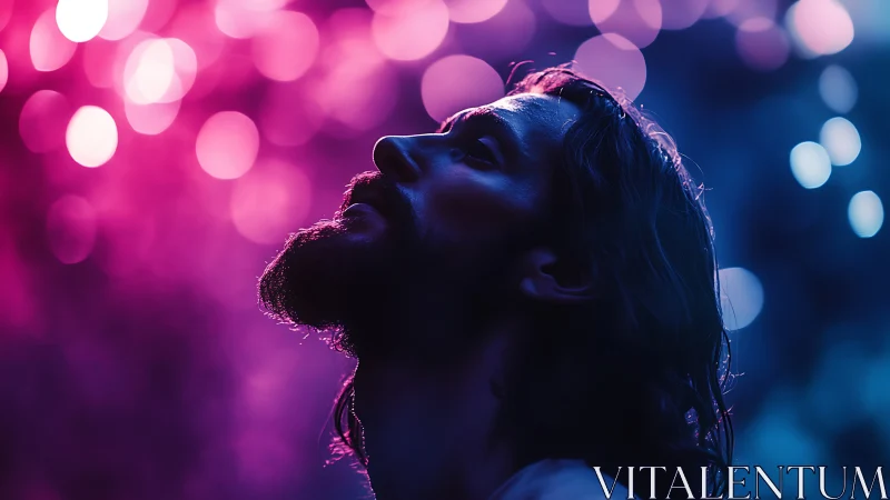 Neon backlit male profile in cinematic magenta bokeh glow.
