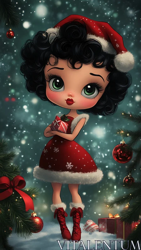 Curly haired Christmas girl holding a tiny holiday gift.