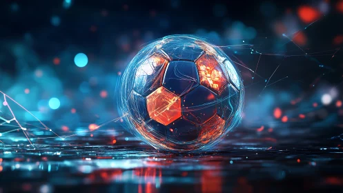 Cyberpunk holographic soccer ball with neon lattice field.