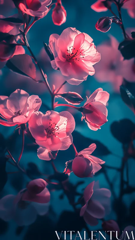 Bioluminescent Cherry Blossoms Under Teal Illumination.