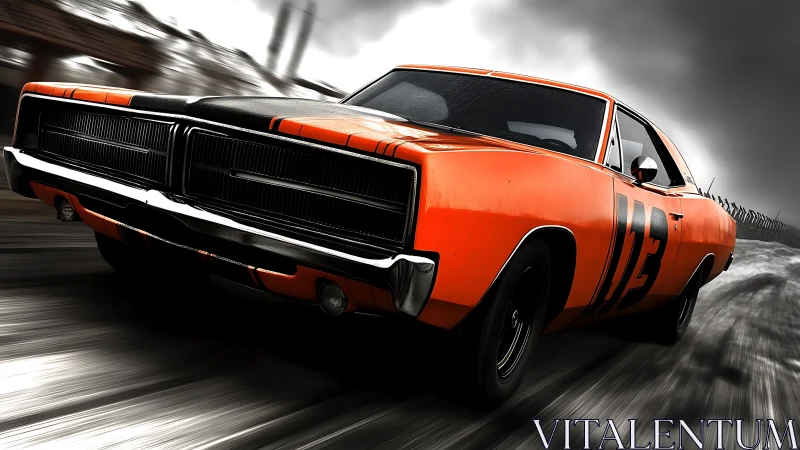 Orange muscle car storms a rain-slicked grayscale highway.