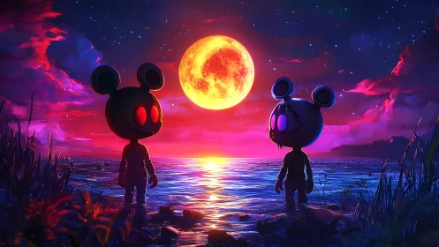 Cartoon mouse figures under vivid neon moonlit seascape.