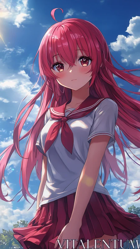 Pink-haired schoolgirl under bright summer sky, windblown.