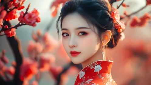 Gentle gaze meets spring blossoms in a soft, dreamlike portrait