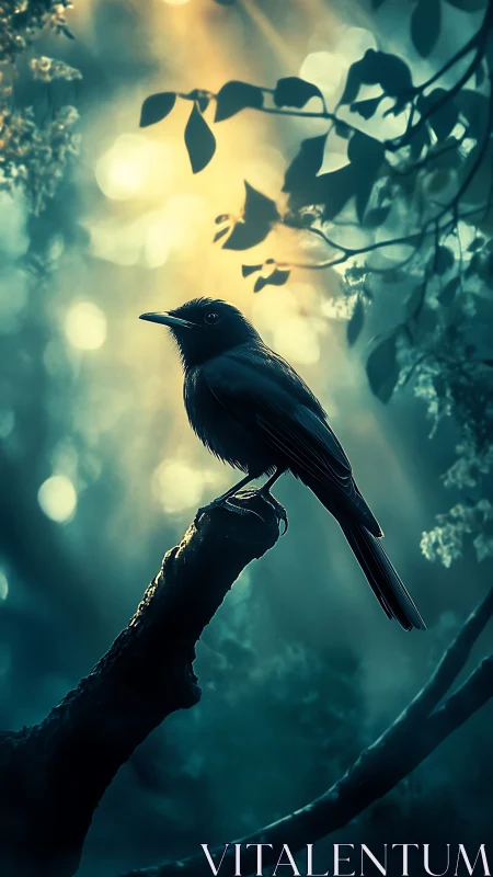 Backlit forest bird rendered in high-contrast volumetric bokeh