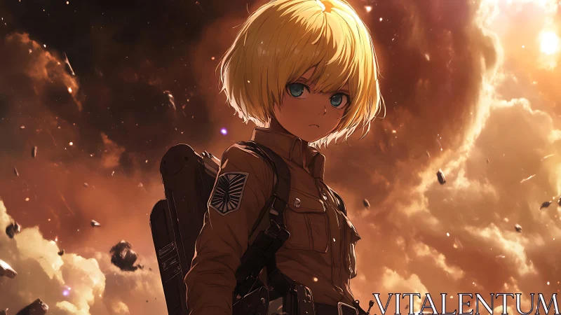 Blond soldier figure in anime style before cloudy sky.