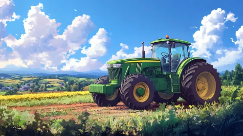 Green giant tractor resting under candy-cloud farm skies.