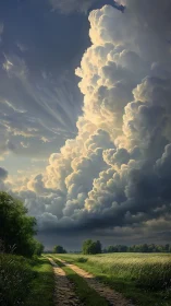 Country lane beneath towering daydream stormclouds.