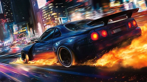 Night street racer tears through neon city in blazing drift