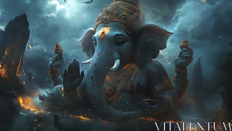 Elephant-headed deity figure occupies storm-lit digital landscape